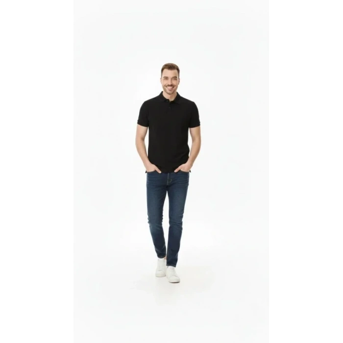 Erkek Pike Kumaş Düğmeli Yaka Regular Fit Günlük Kısa Kol Tişört Tshirt  iyah