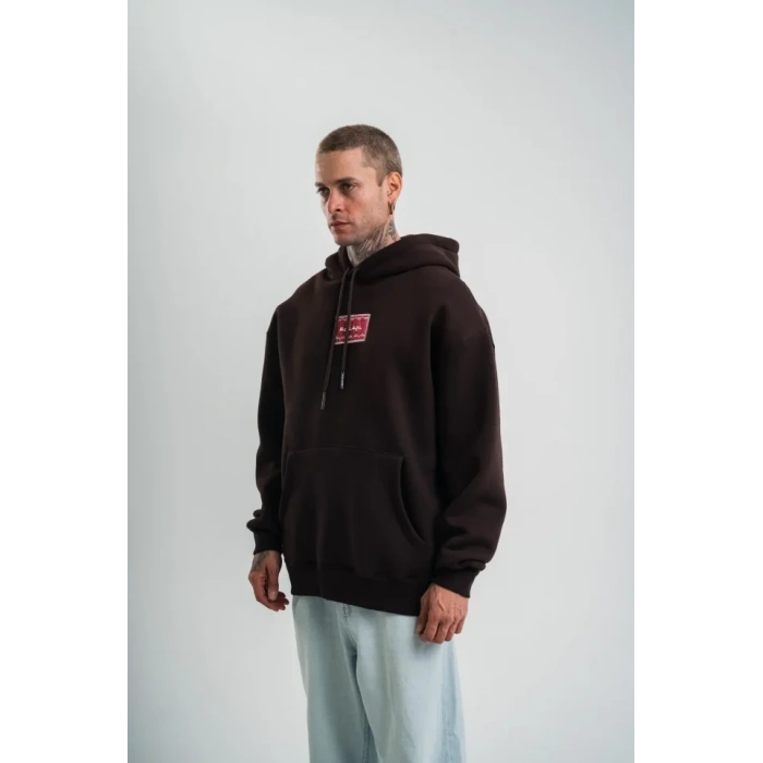 Erkek Premium Nakışlı Kapşonlu Sweatshirt Double Oversize Üç İplik Pamuklu  Siyah