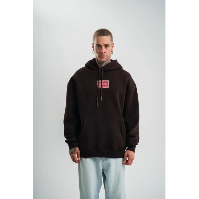 Erkek Premium Nakışlı Kapşonlu Sweatshirt Double Oversize Üç İplik Pamuklu  Siyah