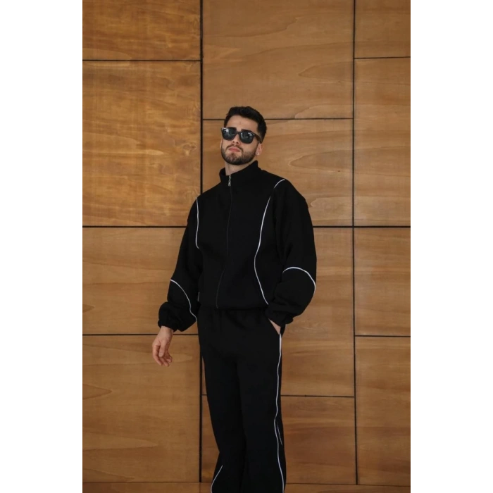 Erkek Premium Parçalı Eşofman Takım  Dik Yaka Fermuarlı Biyeli weatshirt astik Paça Alt, Oversize 3 Iplik Şardonlu  iyah