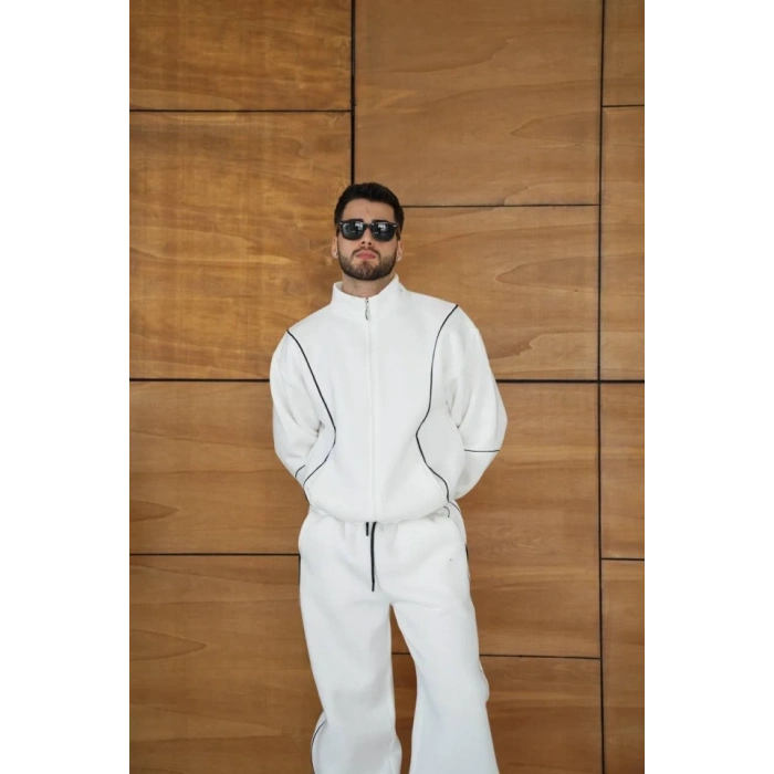 Erkek Premium Parçalı Eşofman Takım  Dik Yaka Fermuarlı Biyeli weatshirt astik Paça Alt, Oversize 3 Iplik Şardonlu  Beyaz