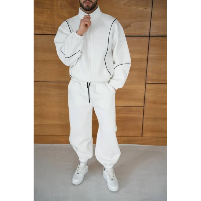 Erkek Premium Parçalı Eşofman Takım  Dik Yaka Fermuarlı Biyeli weatshirt astik Paça Alt, Oversize 3 Iplik Şardonlu  Beyaz