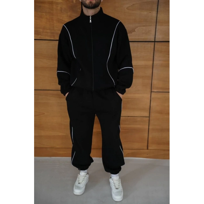 Erkek Premium Parçalı Eşofman Takım  Dik Yaka Fermuarlı Biyeli weatshirt astik Paça Alt, Oversize 3 Iplik Şardonlu  iyah