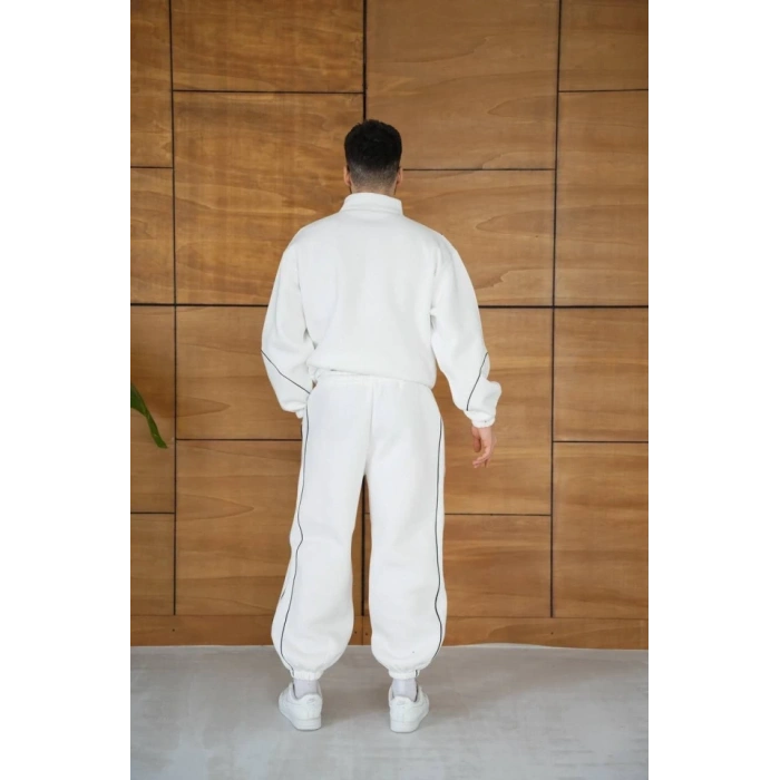 Erkek Premium Parçalı Eşofman Takım  Dik Yaka Fermuarlı Biyeli weatshirt astik Paça Alt, Oversize 3 Iplik Şardonlu  Beyaz