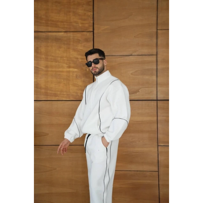 Erkek Premium Parçalı Eşofman Takım  Dik Yaka Fermuarlı Biyeli weatshirt astik Paça Alt, Oversize 3 Iplik Şardonlu  Beyaz