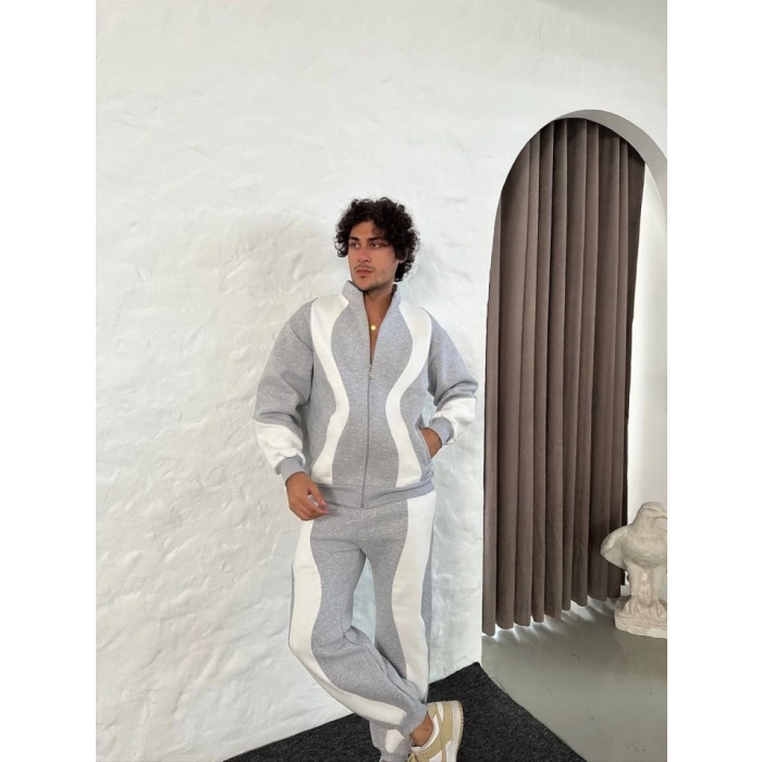 Erkek Premium Parçalı Eşofman Takım  Dik Yaka Fermuarlı weatshirt,  Gri
