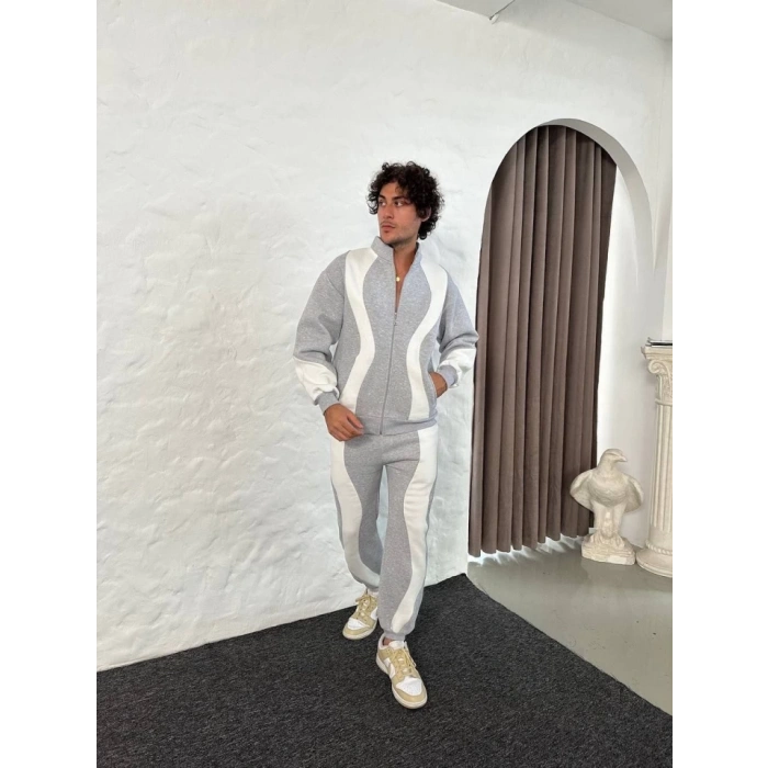 Erkek Premium Parçalı Eşofman Takım  Dik Yaka Fermuarlı weatshirt,  Gri