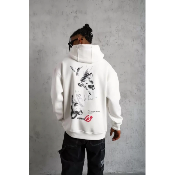 Erkek Şapkalı Güvercin Baskılı Kapşonlu weat  Beyaz