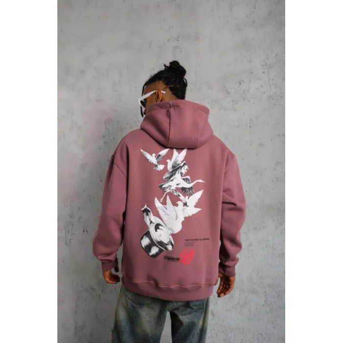 Erkek Şapkalı Güvercin Baskılı Kapşonlu weat  Gül Kurusu