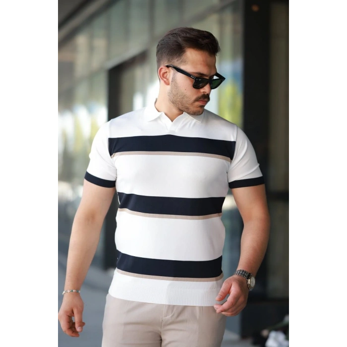 Erkek şerit Desenli Hemşire Yaka Kısa Kollu Tişört