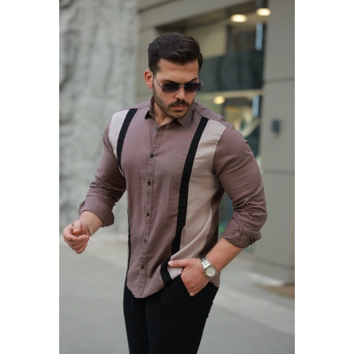 Erkek şerit Detaylı Uzun Kollu Pamuklu Keten Gömlek