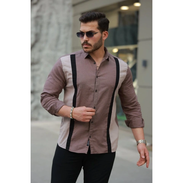 Erkek şerit Detaylı Uzun Kollu Pamuklu Keten Gömlek