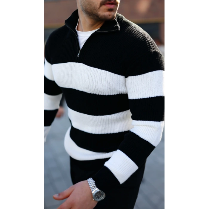 Erkek Şerit Renk Desenli Zip Yaka Kazak