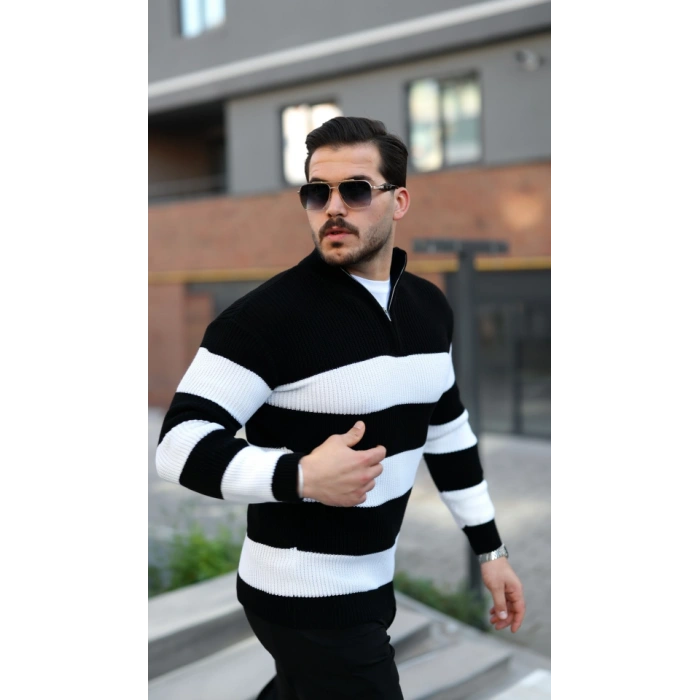 Erkek Şerit Renk Desenli Zip Yaka Kazak