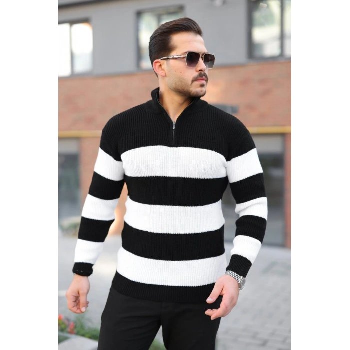 Erkek Şerit Renk Desenli Zip Yaka Kazak
