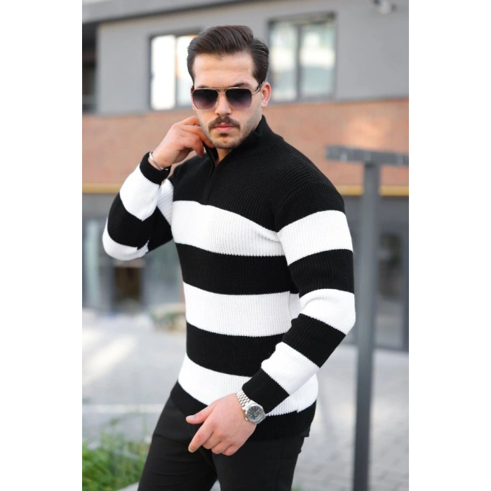 Erkek Şerit Renk Desenli Zip Yaka Kazak