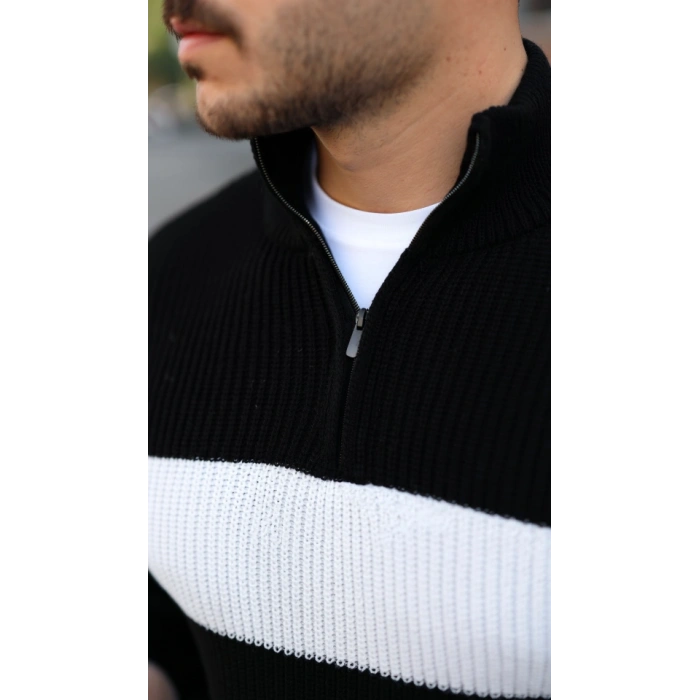 Erkek Şerit Renk Desenli Zip Yaka Kazak