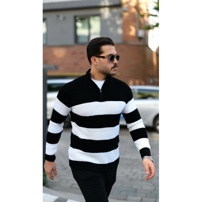 Erkek Şerit Renk Desenli Zip Yaka Kazak