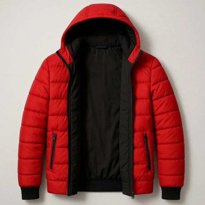 Erkek Şişme Kapüşonlu Fermuarlı ont u Itici Kapitone Astarlı Kumaş Cepli Kışlık Rahat Kalıp  Kırmızı
