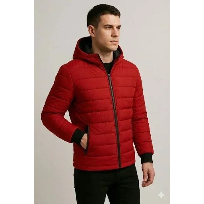 Erkek Şişme Kapüşonlu Fermuarlı ont u Itici Kapitone Astarlı Kumaş Cepli Kışlık Rahat Kalıp  Kırmızı