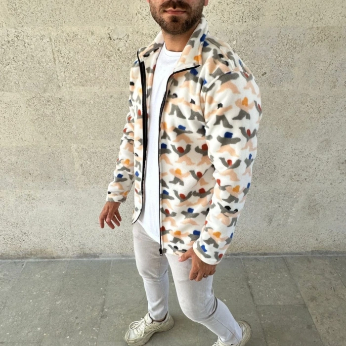 Erkek Tam Fermuarlı Desenli Polar weat – iyah ulticolor Figür Desen Yakalı, Uzun Kollu, Oversize Rahat Kalıp Beyaz