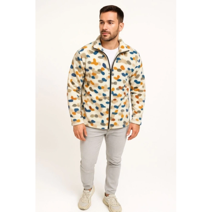 Erkek Tam Fermuarlı Desenli Polar weat – iyah ulticolor Figür Desen Yakalı, Uzun Kollu, Oversize Rahat Kalıp Beyaz