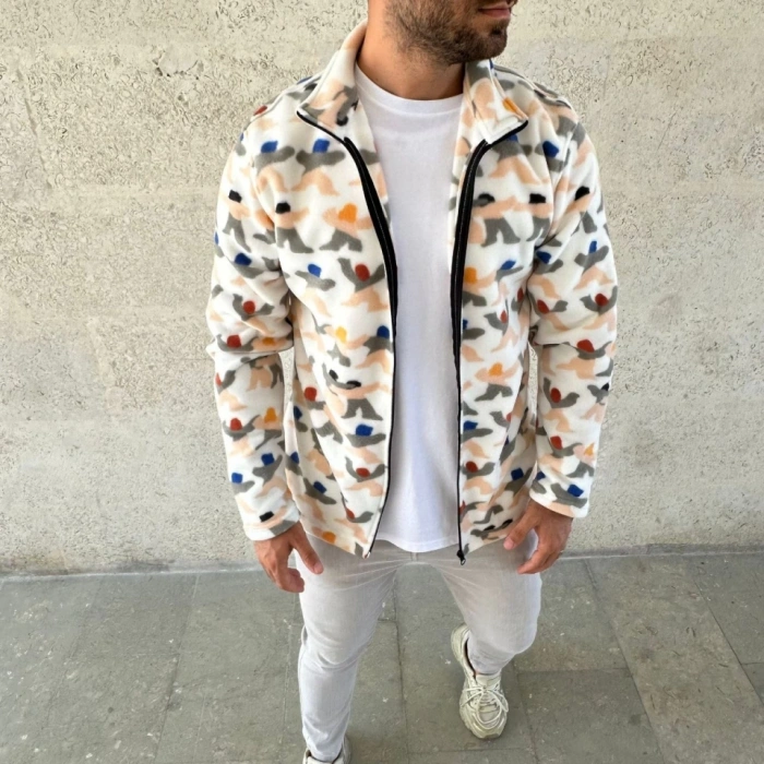 Erkek Tam Fermuarlı Desenli Polar weat – iyah ulticolor Figür Desen Yakalı, Uzun Kollu, Oversize Rahat Kalıp Beyaz