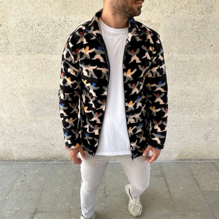 Erkek Tam Fermuarlı Desenli Polar weat – iyah ulticolor Figür Desen Yakalı, Uzun Kollu, Oversize Rahat Kalıp iyah