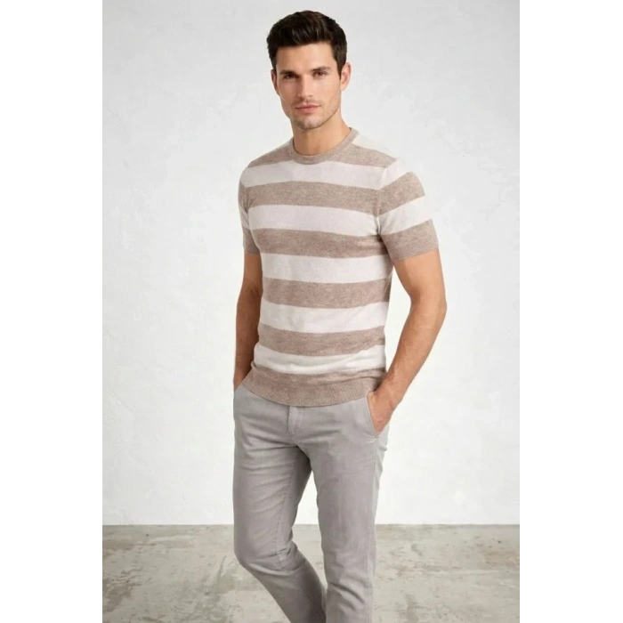 Erkek Tshirt Çizgili Triko Dokuma Bisiklet Yaka Tişört  Bej