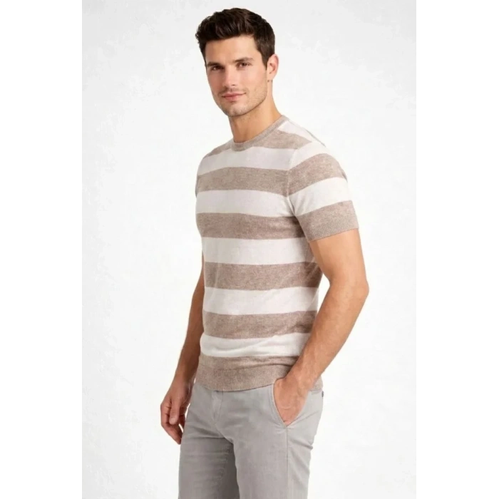 Erkek Tshirt Çizgili Triko Dokuma Bisiklet Yaka Tişört  Bej