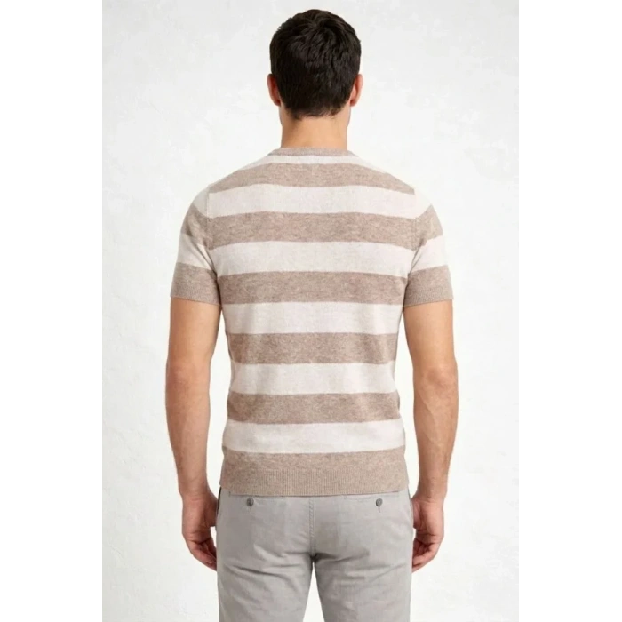 Erkek Tshirt Çizgili Triko Dokuma Bisiklet Yaka Tişört  Bej
