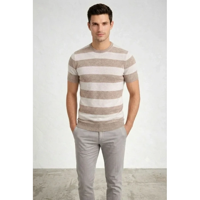 Erkek Tshirt Çizgili Triko Dokuma Bisiklet Yaka Tişört  Bej
