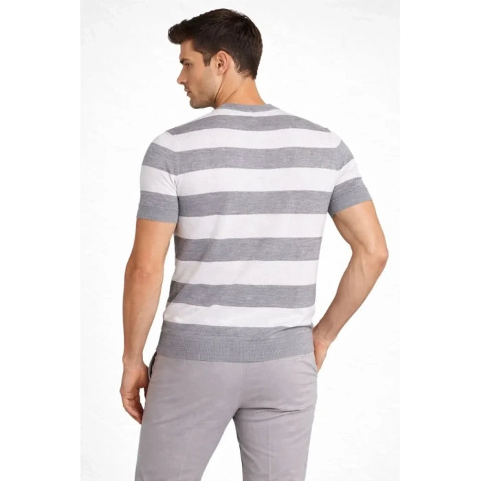 Erkek Tshirt Çizgili Triko Dokuma Bisiklet Yaka Tişört  Gri