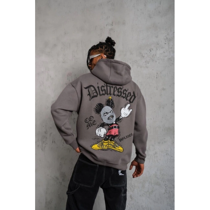 Erkek Üç İplik Baskılı Kapüşonlu weat  Gri