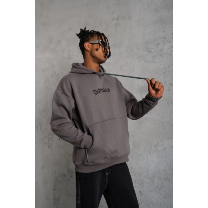 Erkek Üç İplik Baskılı Kapüşonlu weat  Gri
