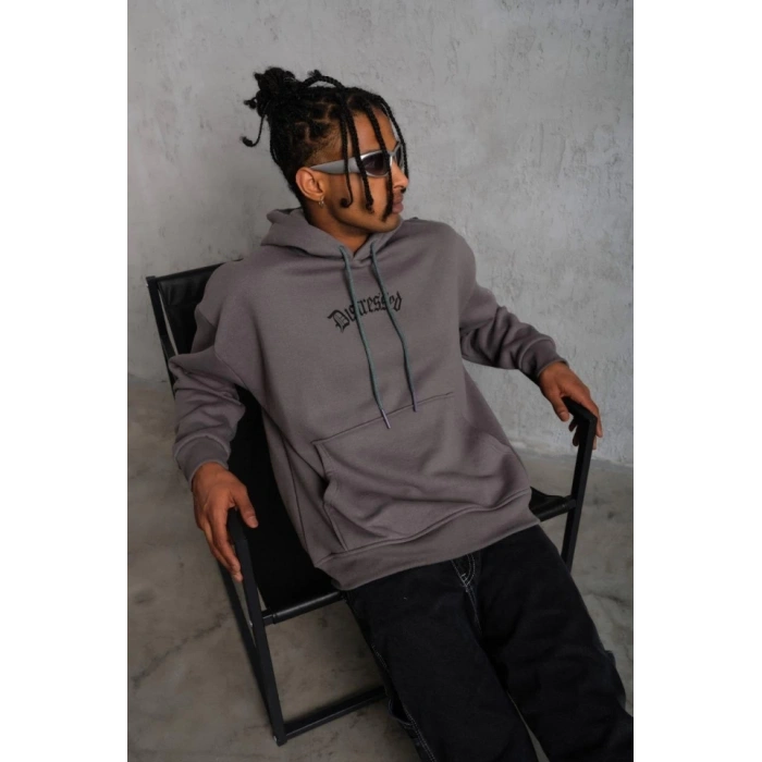 Erkek Üç İplik Baskılı Kapüşonlu weat  Gri