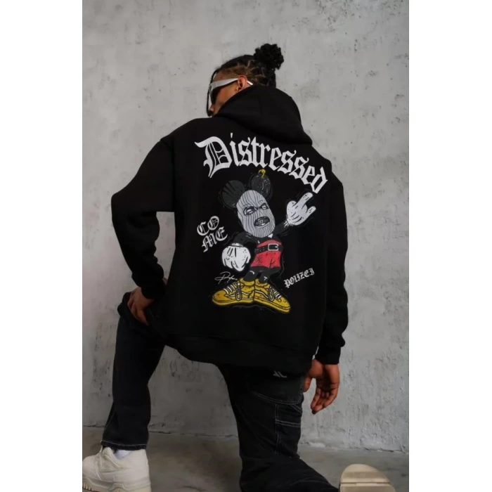 Erkek Üç İplik Baskılı Kapüşonlu weat  iyah