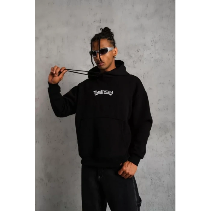 Erkek Üç İplik Baskılı Kapüşonlu weat  iyah