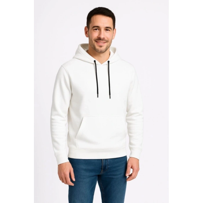 Erkek Üç İplik Kapüşonlu Kanguru Cepli weathirt Hoodie  Beyaz