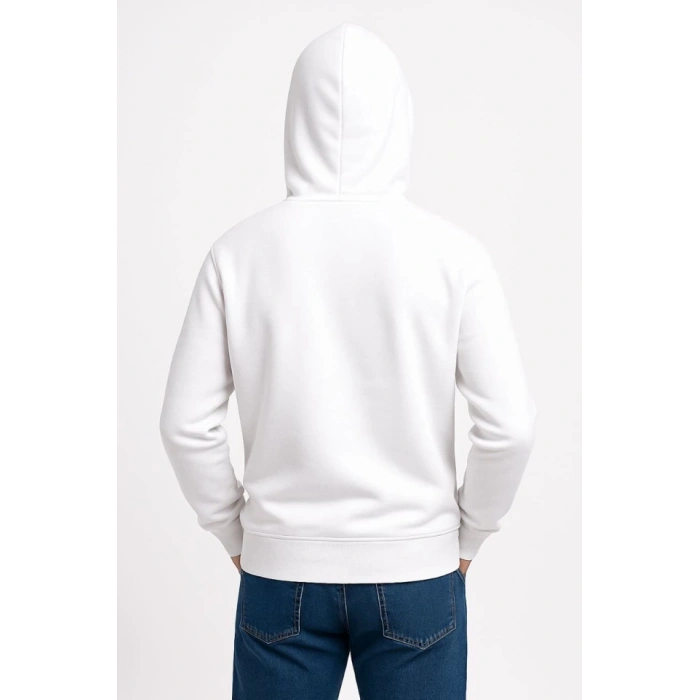 Erkek Üç İplik Kapüşonlu Kanguru Cepli weathirt Hoodie  Beyaz