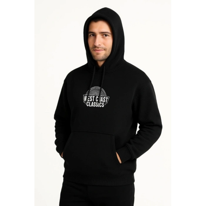 Erkek Üç İplik Kapüşonlu Ön Ve Arka Baskılı weathirt Hoodie  iyah