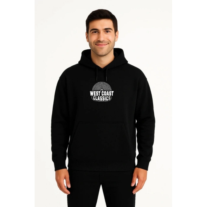 Erkek Üç İplik Kapüşonlu Ön Ve Arka Baskılı weathirt Hoodie  iyah
