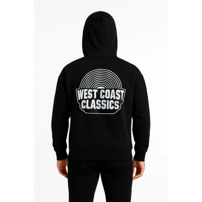 Erkek Üç İplik Kapüşonlu Ön Ve Arka Baskılı weathirt Hoodie  iyah