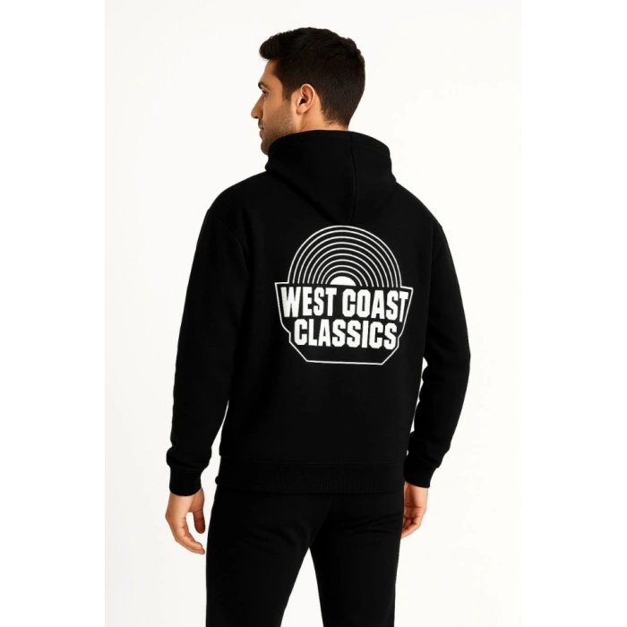 Erkek Üç İplik Kapüşonlu Ön Ve Arka Baskılı weathirt Hoodie  iyah