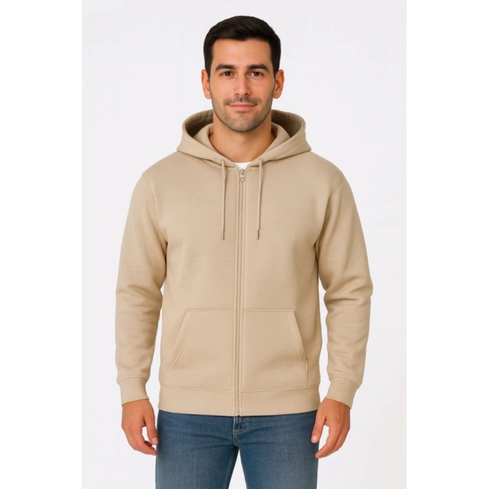 Erkek Üç İplik Kapüşonlu Tam Fermuarlı Kanguru Çepli weathirt Hoodie  Bej