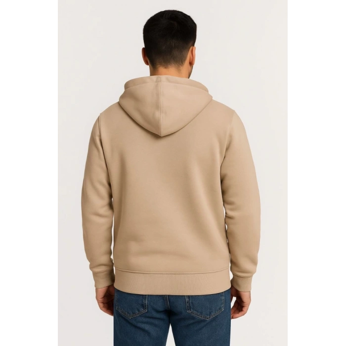 Erkek Üç İplik Kapüşonlu Tam Fermuarlı Kanguru Çepli weathirt Hoodie  Bej