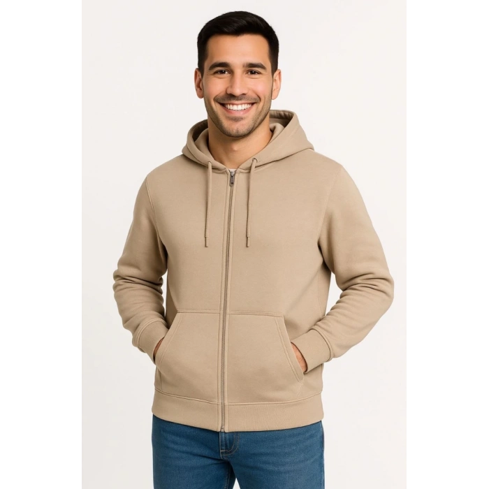 Erkek Üç İplik Kapüşonlu Tam Fermuarlı Kanguru Çepli weathirt Hoodie  Bej