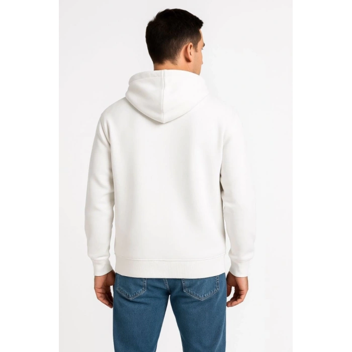 Erkek Üç İplik Kapüşonlu Tam Fermuarlı Kanguru Çepli weathirt Hoodie  Beyaz