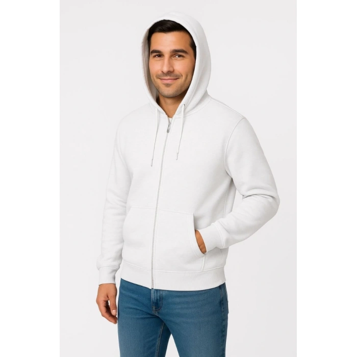Erkek Üç İplik Kapüşonlu Tam Fermuarlı Kanguru Çepli weathirt Hoodie  Beyaz