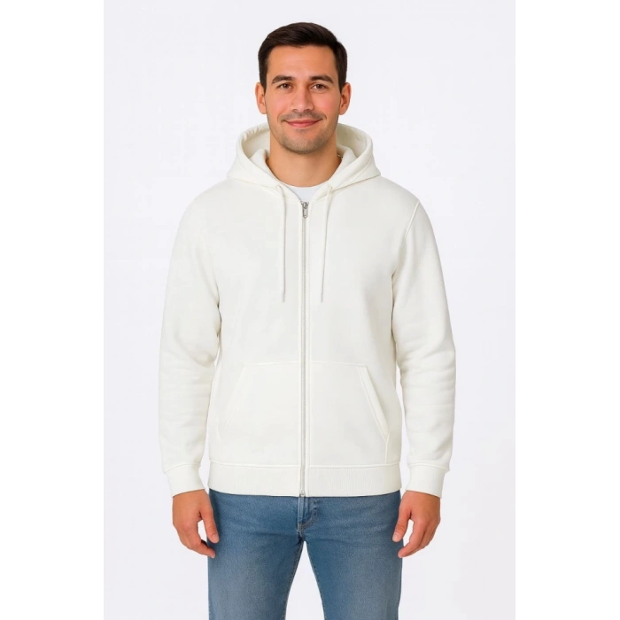 Erkek Üç İplik Kapüşonlu Tam Fermuarlı Kanguru Çepli weathirt Hoodie  Beyaz